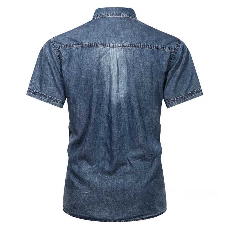 Mens short sleeved denim shirt with multiple pockets tool shirt new summer blue denim shirt high-quality mens cotton casual shirt 3 W241223