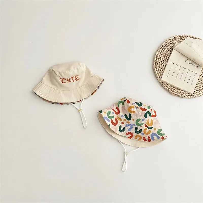 Caps Hats Double sided baby bucket hat with embroidered letters for boys and girls fishermans hat for spring and summer outdoor childrens sun hat H241