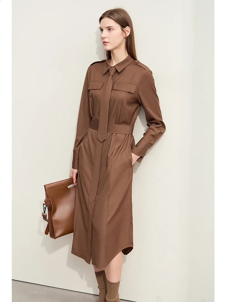 Amii Minimalism Shirt Dress For Women Autumn Military Style With Belt Tie Retro Fashion Long Womens Dresses 12443073 241218