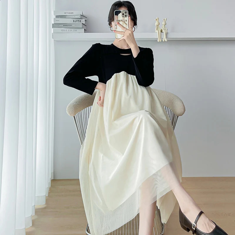 Fashion Maternity Autumn Chiffon Dress Ruffles Patchwork High Waist Block Color Pregnant Woman Chiffon Dress Princess Clothes 241223