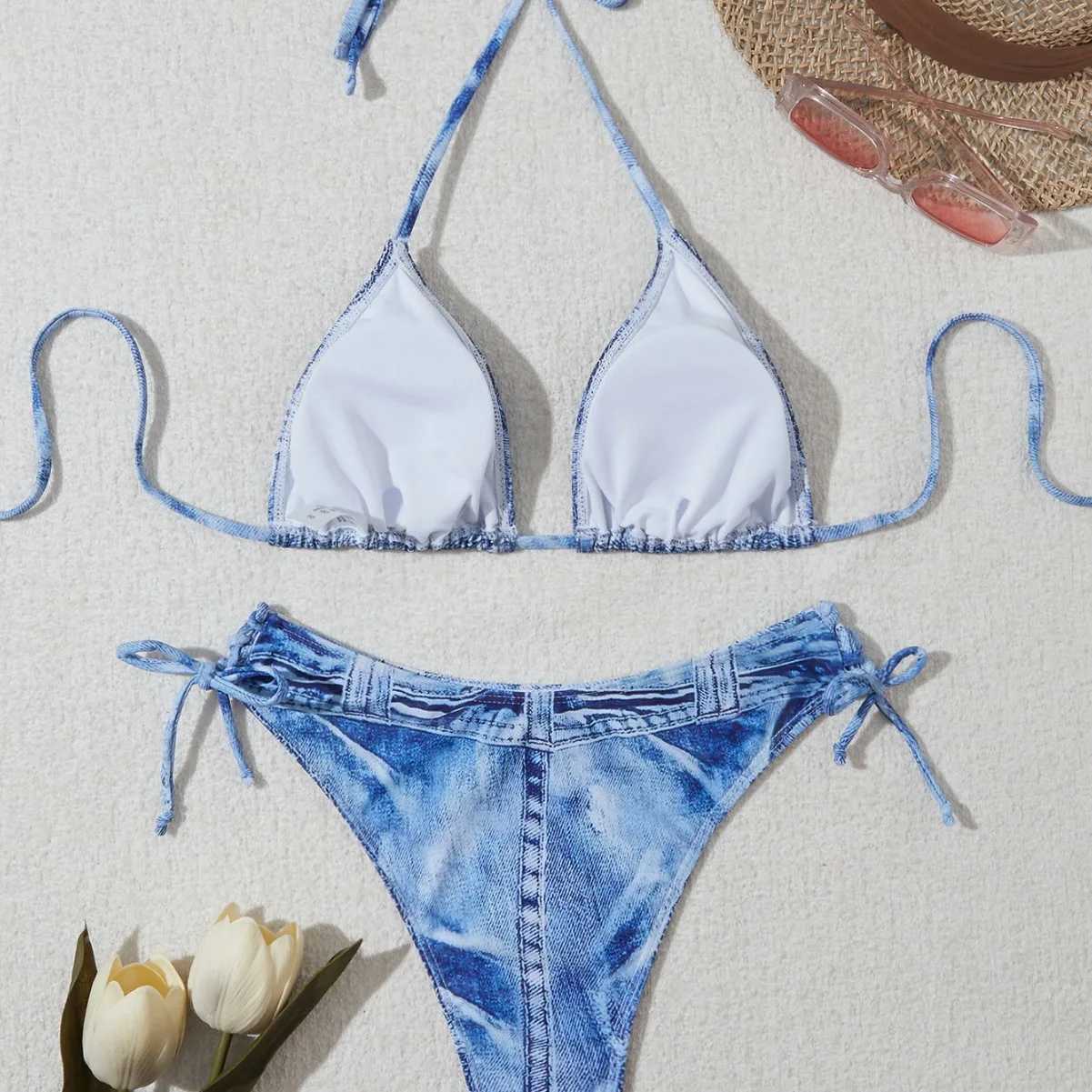Sexy Bikini Swimsuit Woman Denim Print Swimwear Thong Bikinis Sets Brazilian Women Bathing Suit Beach Wear BiquiniXJ241223