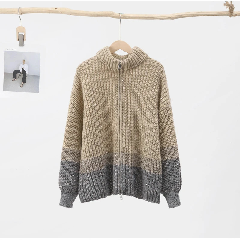 Women Fashion Gradual Sequin Knit Cardigan Elegant Loose Lantern Sleeves Zipper Sweater 2024 Autumn Winter Female Knitwear Tops 241220