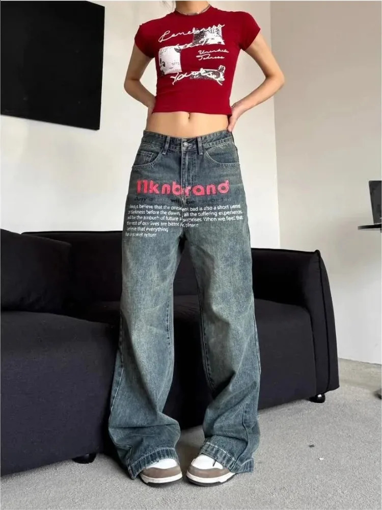 HOUZHOU Y2k Vintage Baggy Jeans Youthful Woman High S Denim Pants Korean Streetwear Oversized Trouser Spring Letter Print 241223
