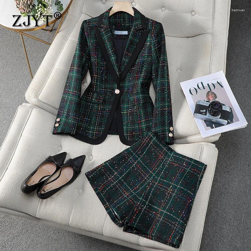 Womens Tracksuits ZJYT Autumn Winter Vintage Plaid Tweed Jacket And Shorts Suit 2 Pieces Matching Sets For Women Plus Size Casual Outfit