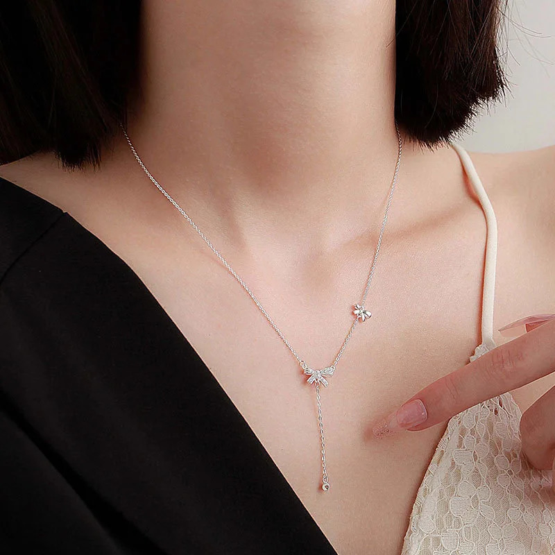 Niche S999 sterling silver bow necklace womens light tassel clavicle chain gift 241220