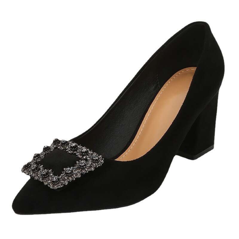 Water Diamond Single For Women, Summer 2021 New Mid Work Spring And Autumn Pointed Black Thick Heel Square Buckle Shoes