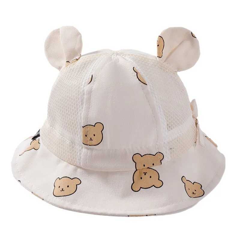 Caps Hats Cute Bear Baby Bucket Hat with Ears Boy and Girl Cartoon Cotton Mesh Breathable Sun Hat Childrens Outdoor Summer Childrens Hat H241223