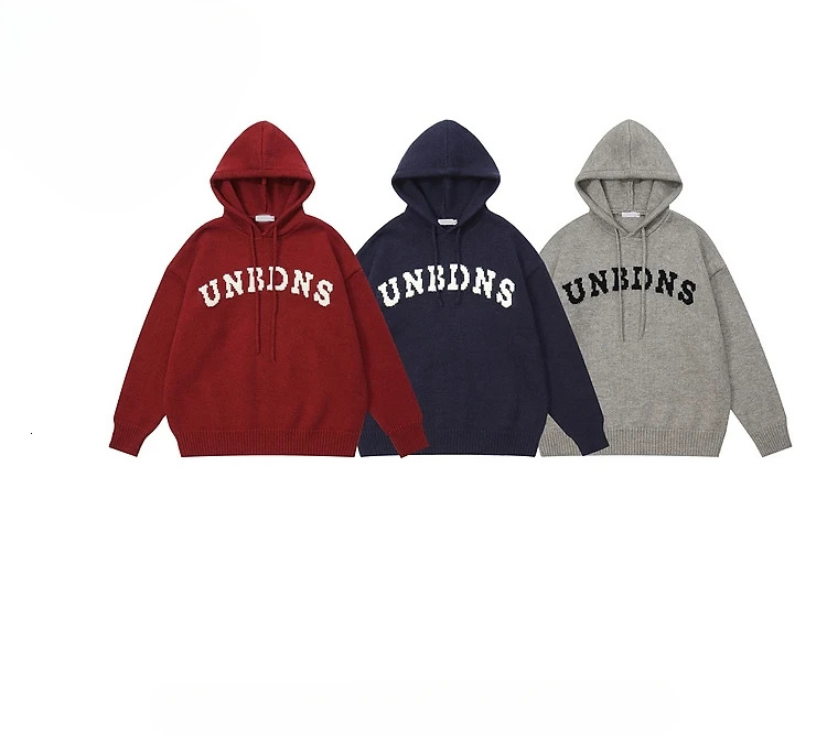 Beianji Men Knitwear American Vintage Letter Knitted Sweater High Street Fashion Brand Loose Casual Hooded Jumper Men's Hoodie