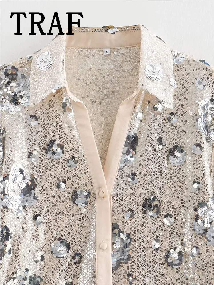 TRAF Floral Sequins Embellished Shirt Women Shirts Casual Elegant Loose Fashion Blouses Top 241218