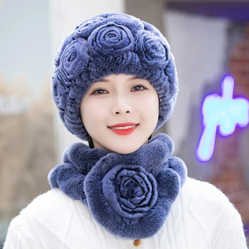 Women Winter Fur Hat Scarf Sets Natural Warm Real Rex Rabbit Fur Cap Scarves Lady Knitted Genuine Fur Hats Muffler 241214