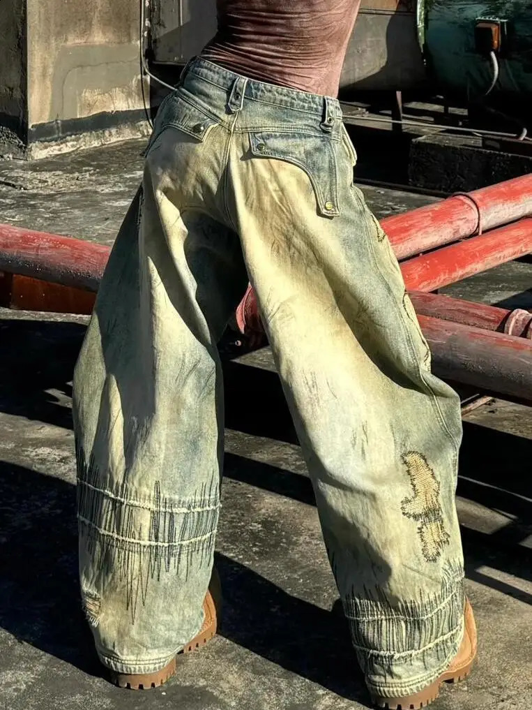 American Heavy Industry Large Production Jeans Large Size Washed Distressed Machete Straight Pant Harajuku Street Loose Overalls 241223