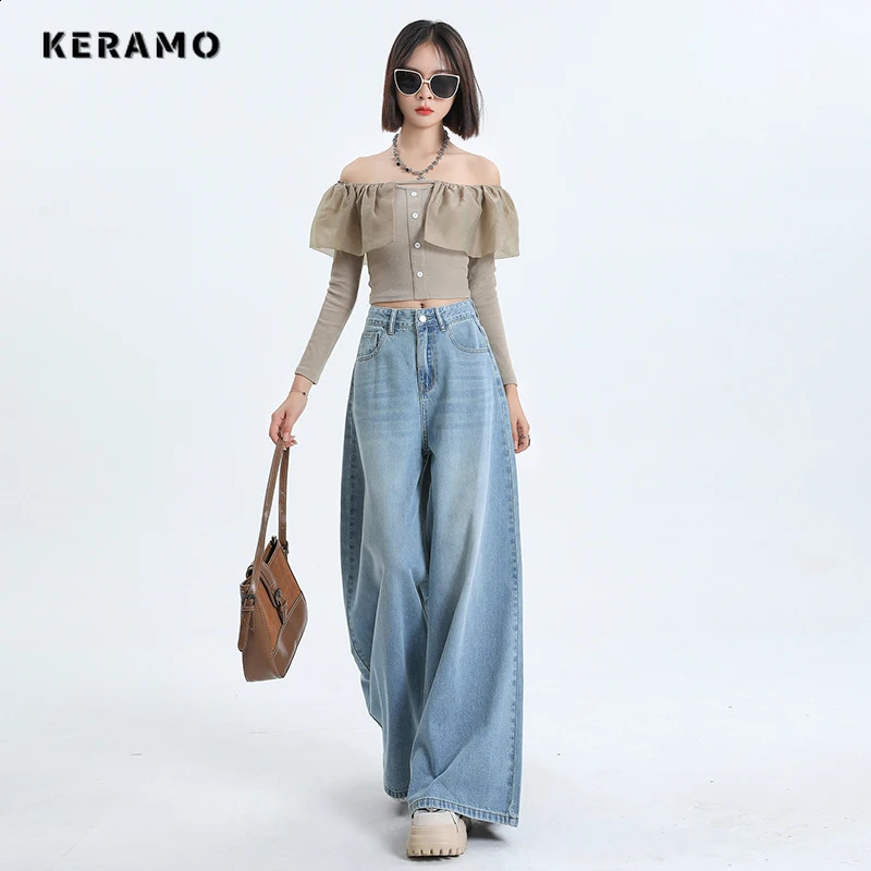American Retro High Waist Oversized Jeans Pants For Women Casual Baggy Y2K Wide Leg Grunge Streetwear Blue Denim Trouser 241218