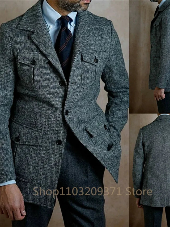 1 Piece Brown Business Suits Men Herringbone Notch Lapel Tuxedo Wedding Prom Party Grooms Blazer Masculino 241218