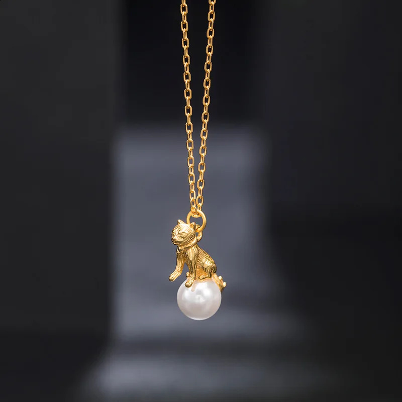 925 Sterling Silver Cat Pearl Gold-plated Pendant Necklace Fine Jewelry For Women Cute Kitten Necklaces Trendy Unique Gift Party 241220