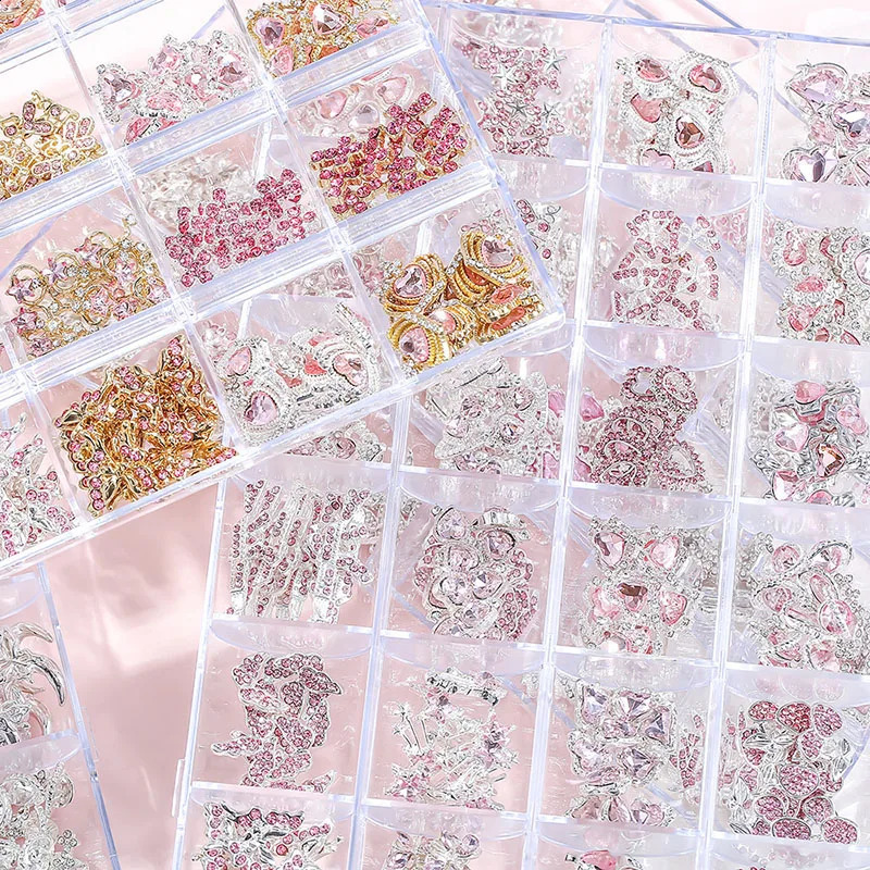 24 Grids Mix Style Heart Butterfly Cherry Planet Stars Gun Nail Art Y2K Charms Nail Rhinestones Crystal Decorations Accessories 241220