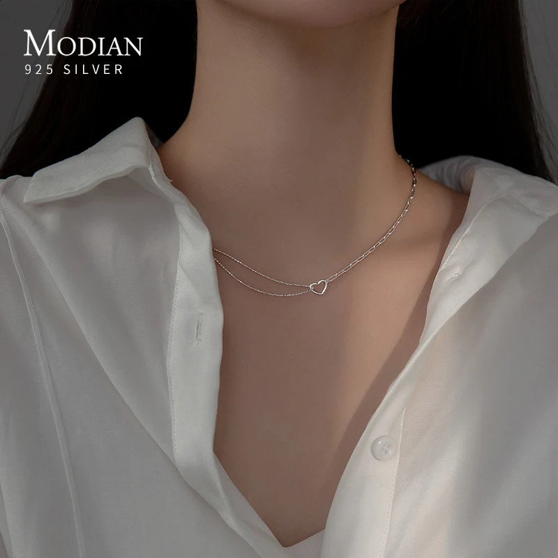MODIAN Genuine 925 Sterling Silver Exqusite Asymmetric Hearts Fashion Pendant Silver Chain Necklace For Women Fine Jewelry Gift 241220