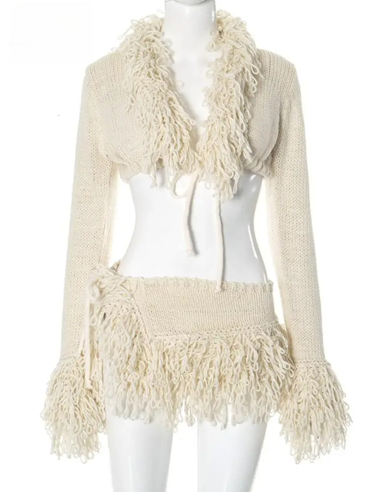 Joskaa Knitted Tassels 2 Piece Sets Women Hipster Sexy Long Sleeve Lace-Up Cardigan Tops And Mini Skirts Matching Party Clubwear