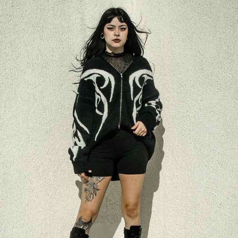 autumn and winter knitted cardigan hooded sweater dark gothic women's loose oversized trendy