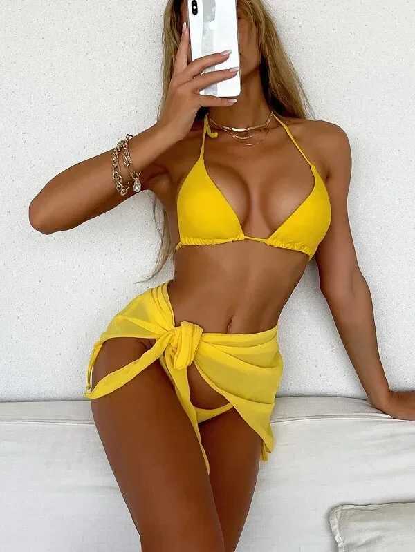 2024 Womens High Waist Bikini Halter Cut Out Skirt Swimsuit Brazilian Bathing Suit Sexy Swimwear Solid Red 3 PieceXJ241223