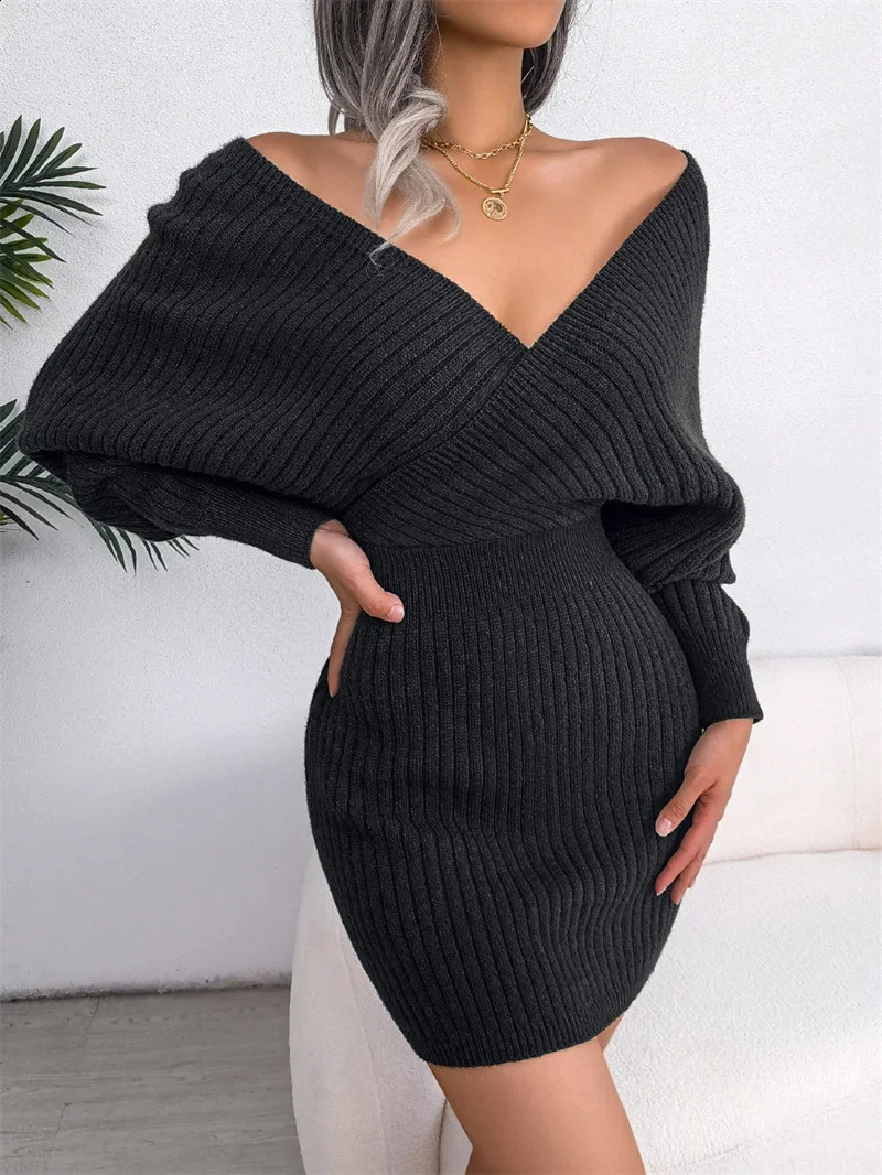 Autumn Winter Sexy Deep V Neck Sweater Dress Fashion Casual Batwing Sleeves Women Pencil Skirt Wrap Hip Dresses Streetwear 241218