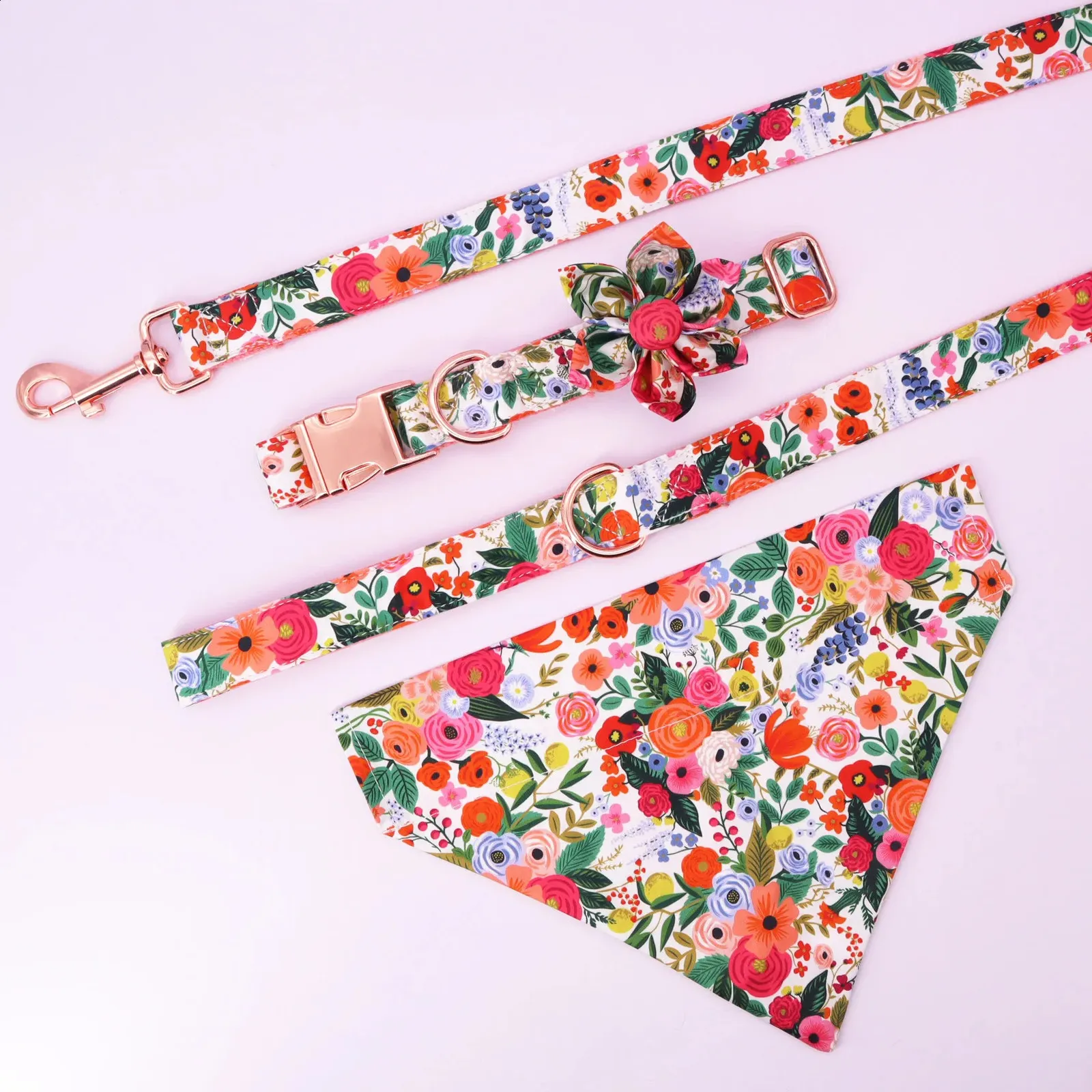 Classical Floral Dog Harness Collar Flower Matching leash Bandana Shampoo Bag with Personalized Name Telphone
