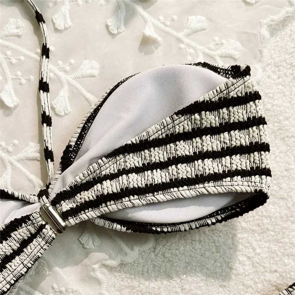 Striped Print String Halter Bandeau Bikinis Sets Sexy Swimsuit 2024 Women Ruched Swimwear Bathing Suit Brazilian Bikini MujerXJ241223