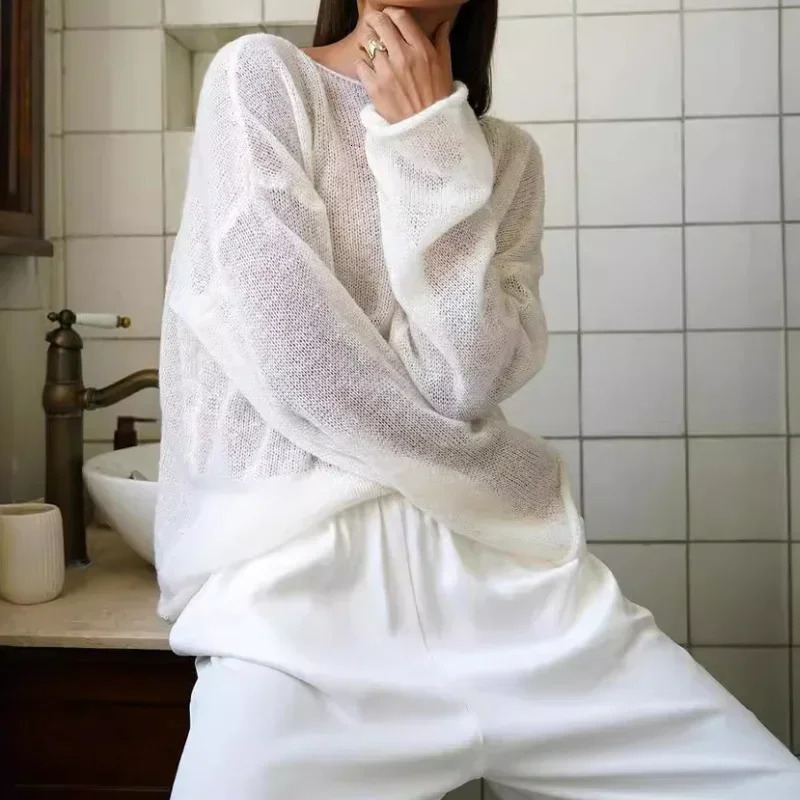 Elegant sweater womens 2024 summer autumn casual fashion loose floral chic pink and white skydiving suede cream 241211