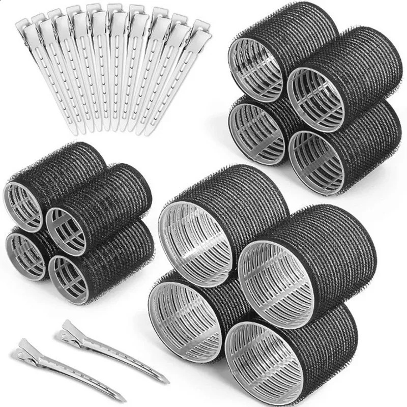 24pcs Black Self Grip Hair Rollers No Heat Hair Curlers Heatless Curls Hair Bangs Volume Self-adhesive Hook DIY Styling Tools 241220