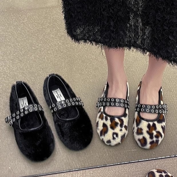 3347F Shoes Winter Cotton For Women Ballerina Cozy Cotton Quality Loafers Warm Plush Moccasins Woman Double Studs Buckle Belt New Fur Flats 2023
