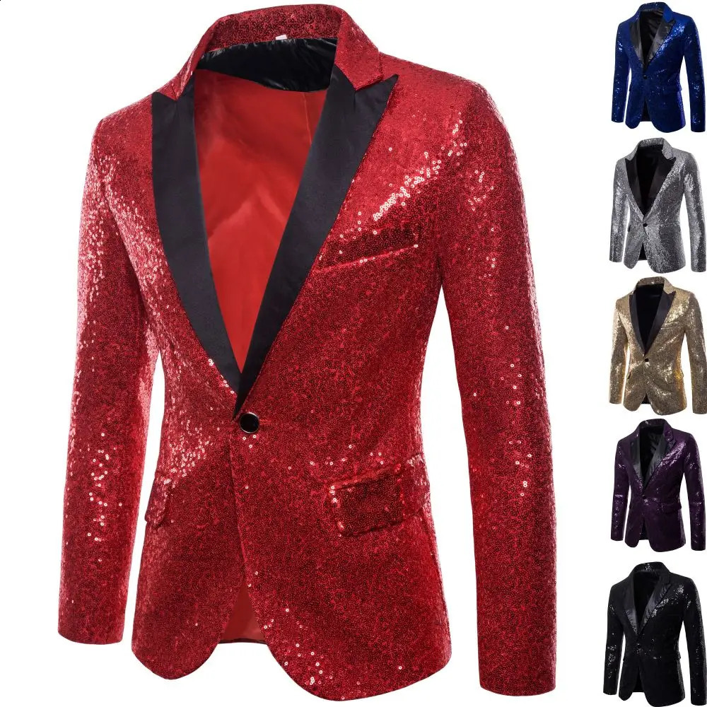 Mens Suit Round Sequin Pocket Single Row Button Wedding Groom Stage Show Hosting Dinner Menswear Bar Dance Casual Men Blazer 241220