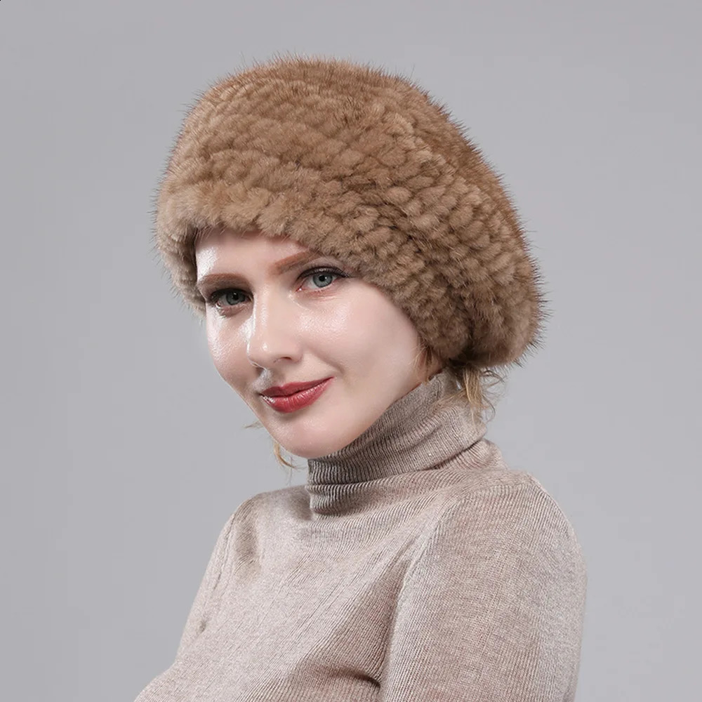 Real Mink Fur Berets Elegant Womens Winter Caps n Fashion Fur Hats Knitted Warm Natural Mink Fur Beanies Hat 241214