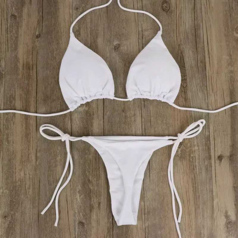 2 Pcs/Set Bikini Set Sexy Bikinis 2024 Bathing Suit Solid Color Halter Neck Strap Thong Women Swimsuit Set For Beach SwimwearXJ241223