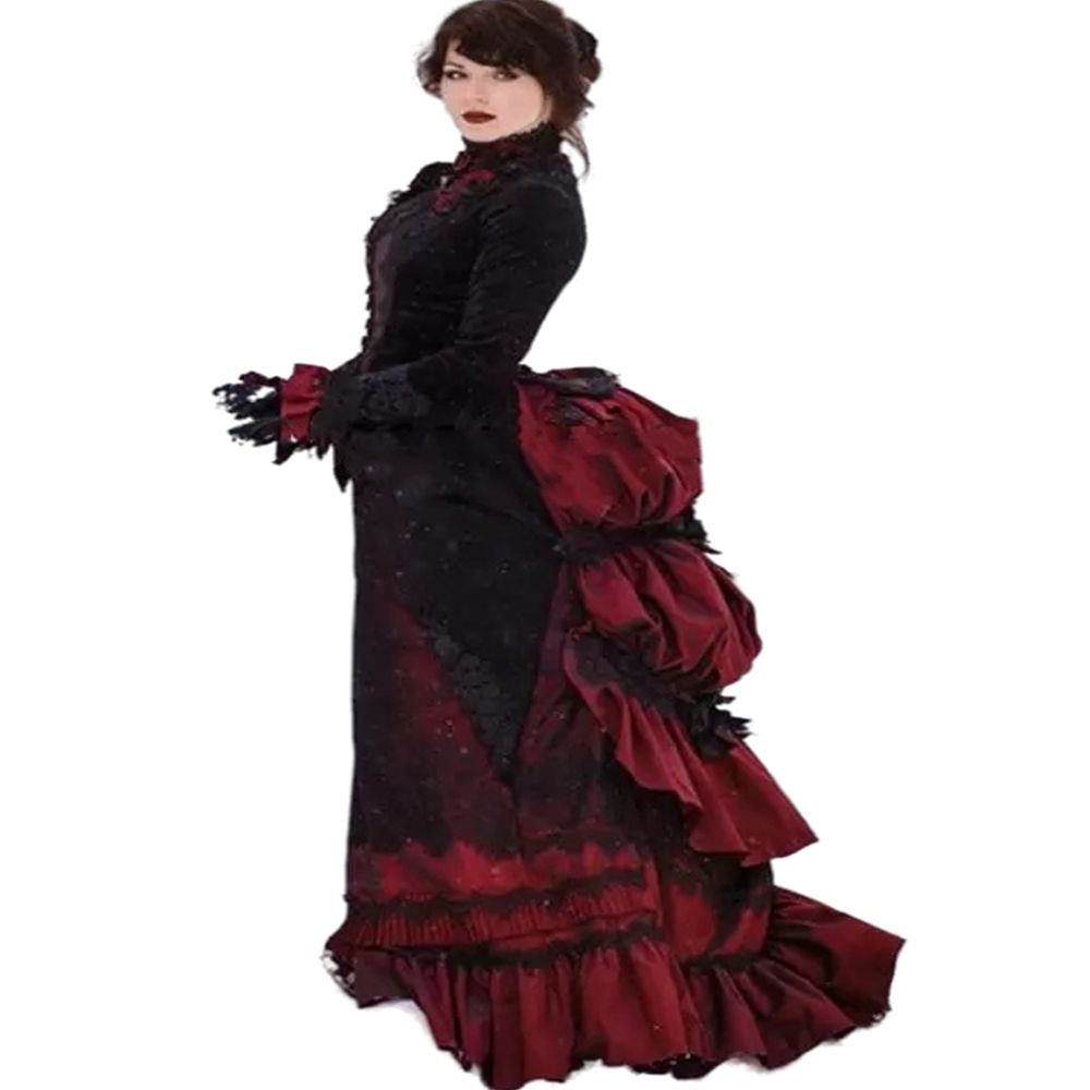2025 Vintage Victorian Wedding Dresses Bustle Ruched Dark Red And Black Gothic Bridal Gowns Velvet Long Sleeves Bride Dress