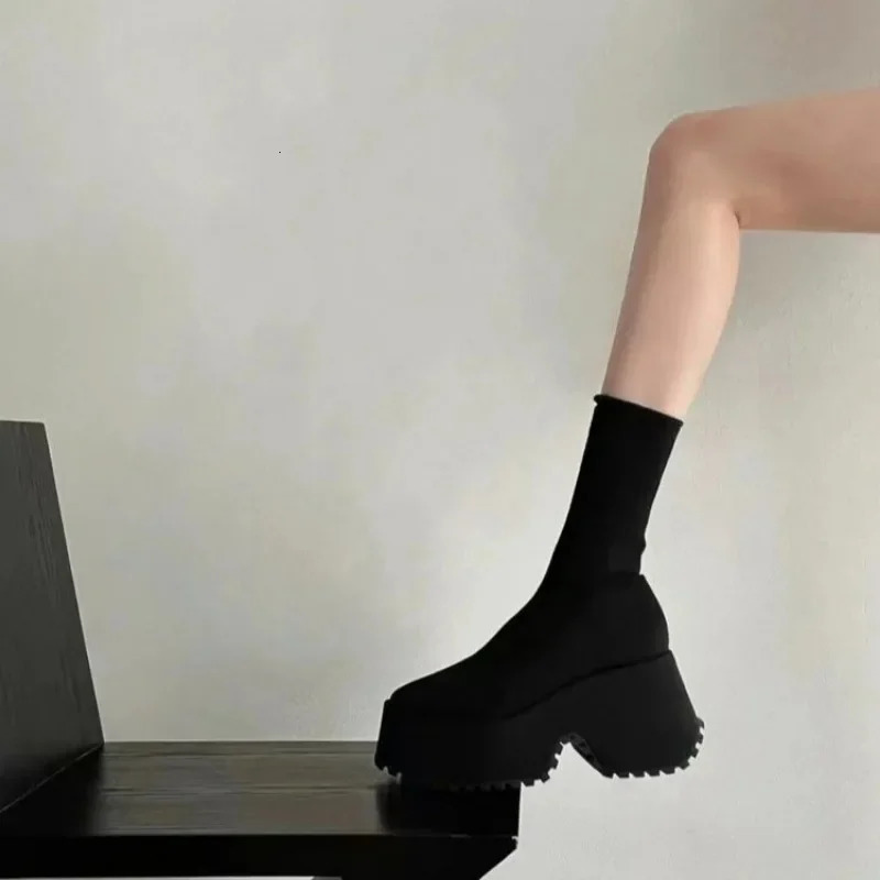 Sock Boots Woman Hidden Wedge Platform Female Casual Shoes Autumn Wedge Lady Knitting Short Ankle Boots Platform 11 CM 241213