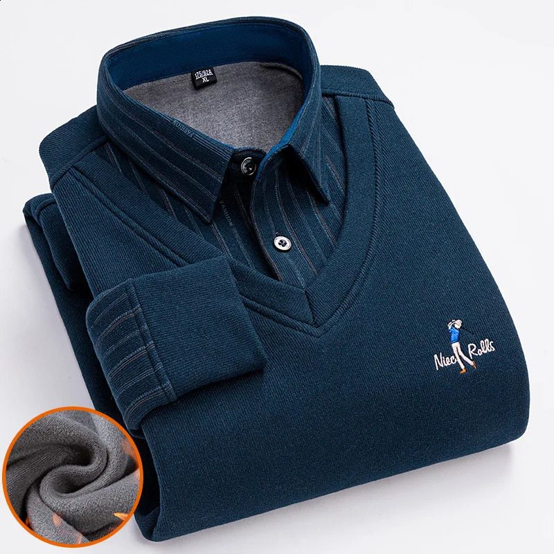 autumn and winter fleece thickened mens shirt long sleeve fake two warm high-quality non-ironing leisure slim fit 241223