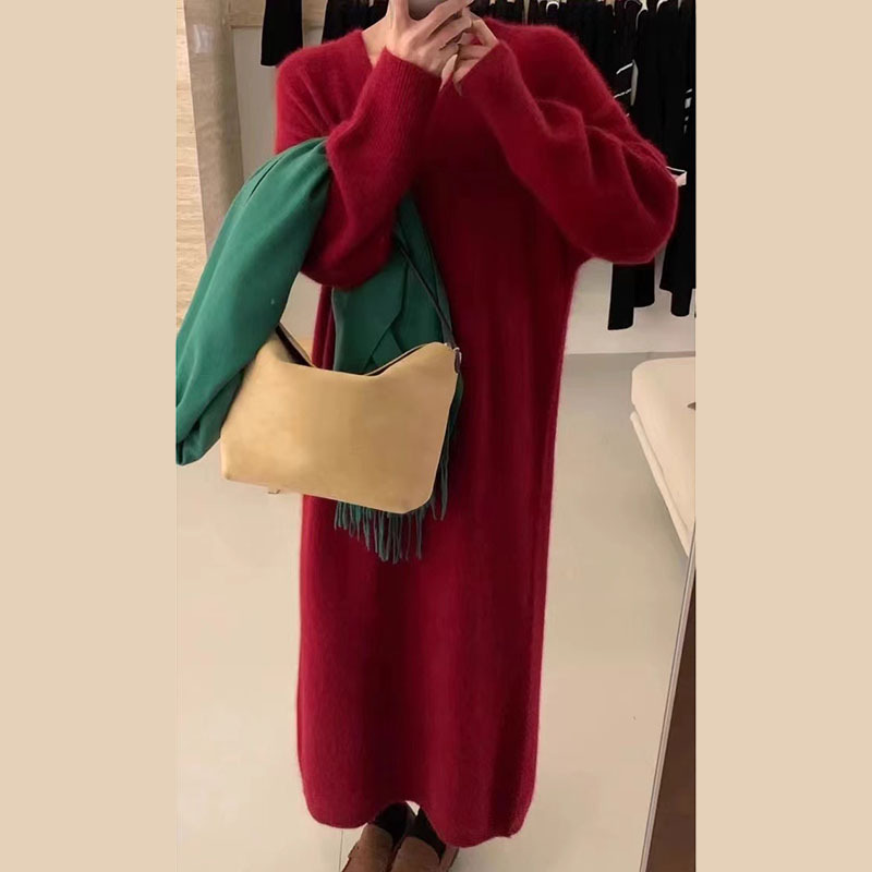 DB30 Mint Green Lazy Style Loose V-neck Knitted Sweater Dress Autumn and Winter French Knitted Bottom Dress
