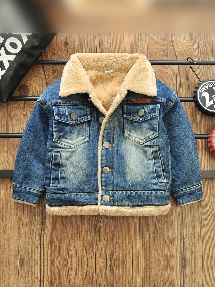 2-8 Years Old Kids Boy Denim Jackets Velvet Warm Coat Autumn Winter Lapel Fleece Lining Jean Coats Boys Outerwear 241223