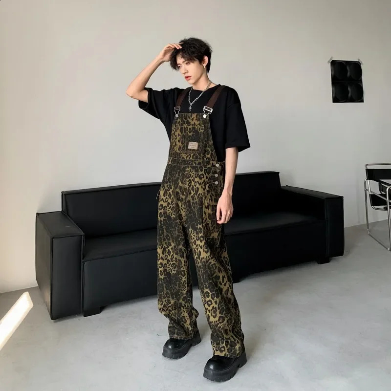 2024 American Style Vintage Loose-Fit Straight-Leg Workwear Sensibility Leopard Slipsbib Pants High Street Trendy Jeans For Men 241223