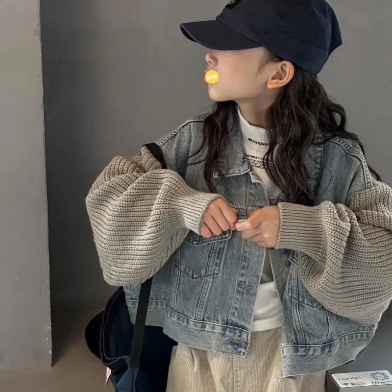 Girls Denim Jackets Childrens Autumn Jackets Boys Medium Large Kids Wool Long Sleeved Clothes Lapel Denim Cardigan Jackets 241223
