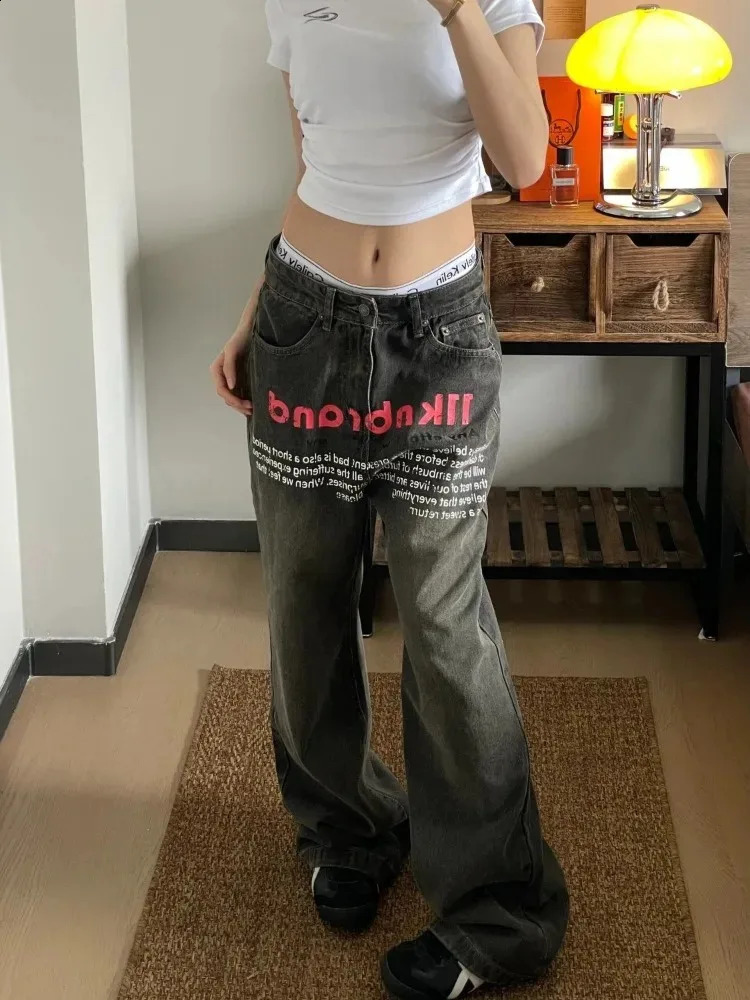 HOUZHOU Y2k Vintage Baggy Jeans Youthful Woman High S Denim Pants Korean Streetwear Oversized Trouser Spring Letter Print 241223