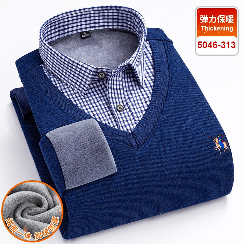 autumn and winter fleece thickened mens shirt long sleeve fake two warm high-quality non-ironing leisure slim fit 241223