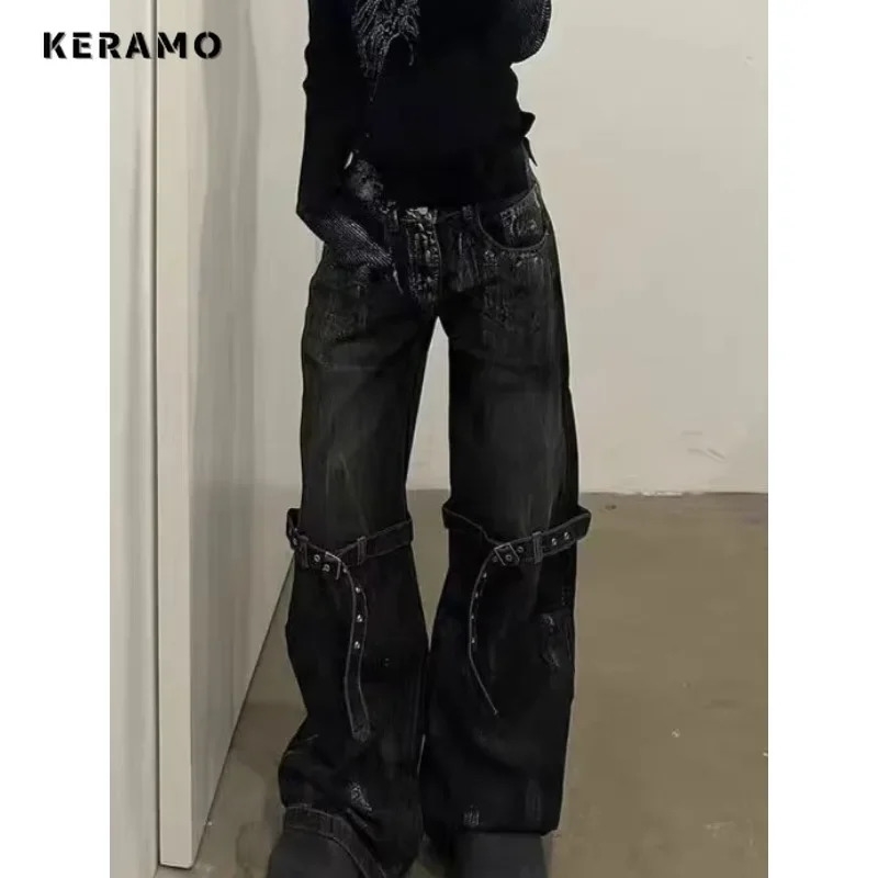 American retro wide leg bag casual denim Trouser Harajuku solid high waisted loose jeans 2024 summer belt womens pants 241223