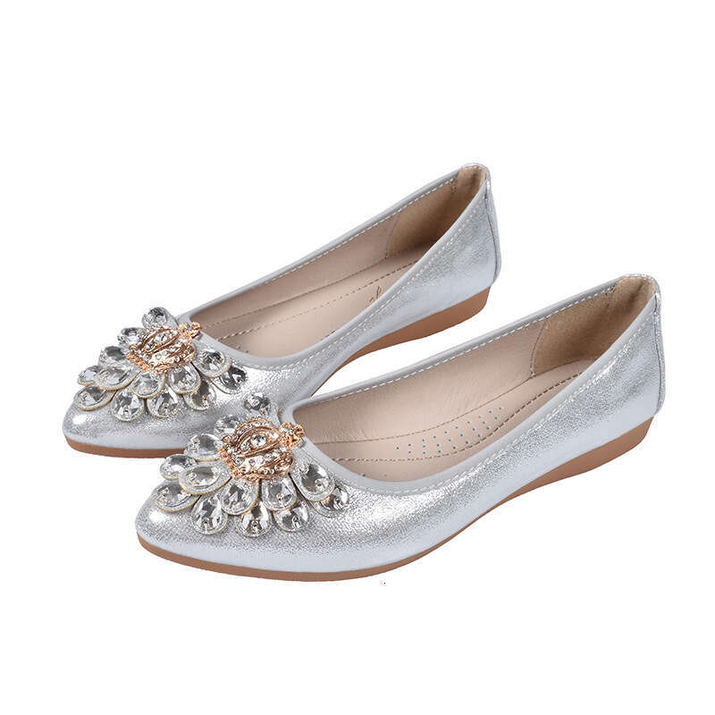 2021 Summer New Four Seasons Flat Women's Water Diamond Button Mom Pointed Single Leather Scoop Soft Bottom Bean Shoes