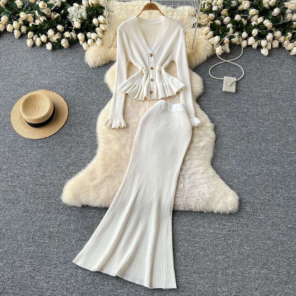 Dress Skirt Set French Elegant Knitted Two Piece Sets Women Ruffle V-Neck Long Sleeve Sweater Top High Waisted Midi Fishtail Skirt Vintage Suits