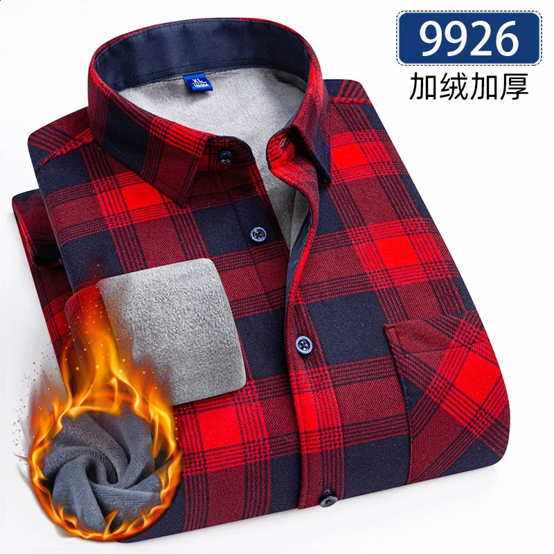 7XL 8XL plus fleece thickened mens shirt Long sleeve Autumn winter plaid non-ironing slim fit casual fashion plus size 241223