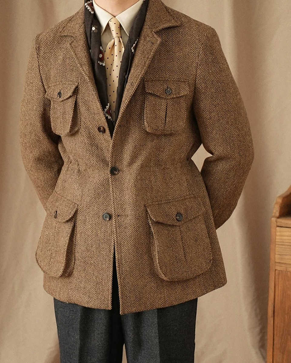Vintage Wedding Tuxedos Herringbone Wool Blends 1 Piece Set Coat Notched Lapel Men Suits Single Breasted Groom Wear Party Event Customized