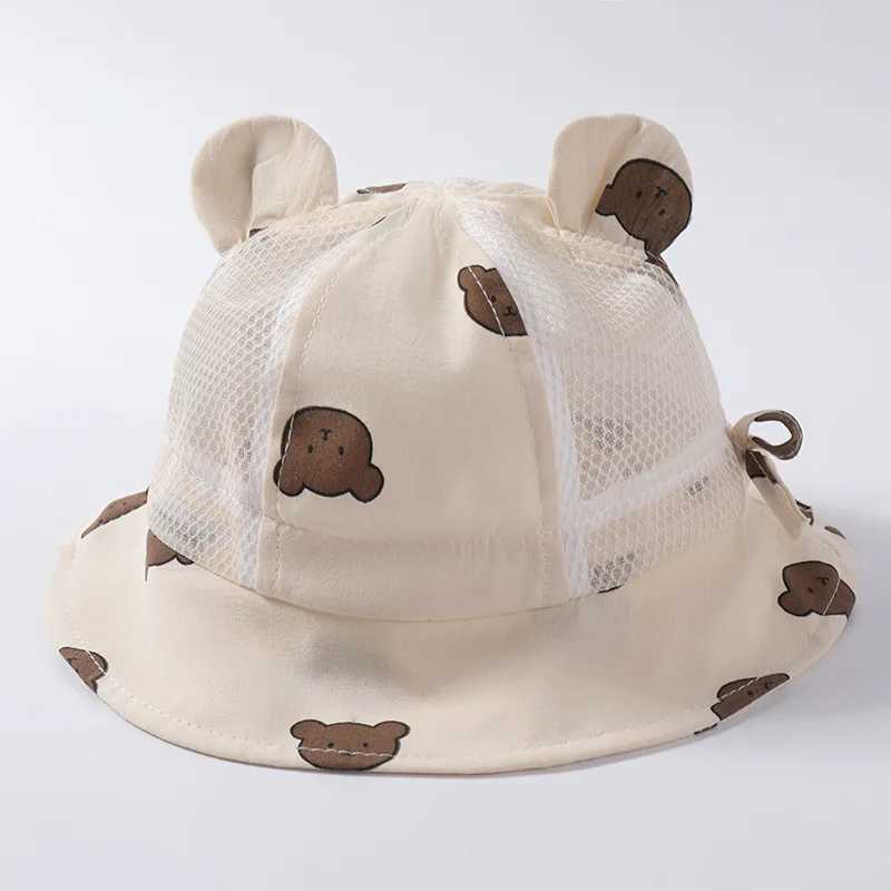 Caps Hats Cute Bear Baby Bucket Hat with Ears Boy and Girl Cartoon Cotton Mesh Breathable Sun Hat Childrens Outdoor Summer Childrens Hat H241223