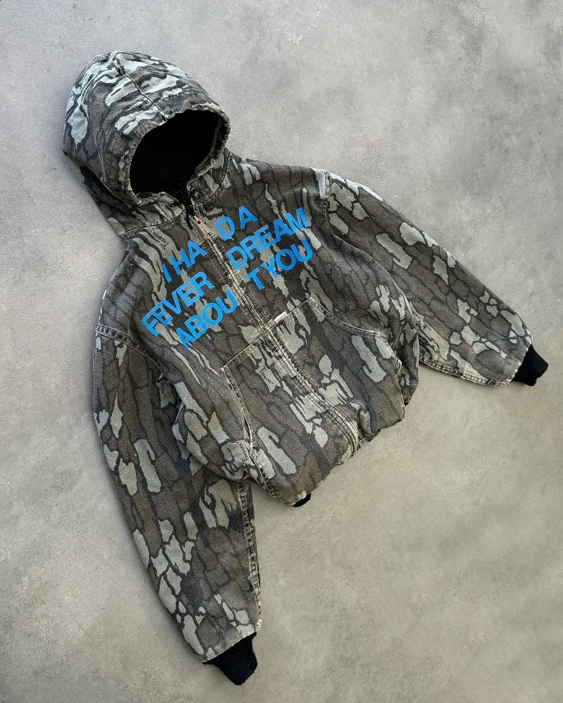 Y2k American winter ripped zipper hoodie men retro loose camouflage sweatshirt Harajuku hip hop fashion oversized jacket 241223