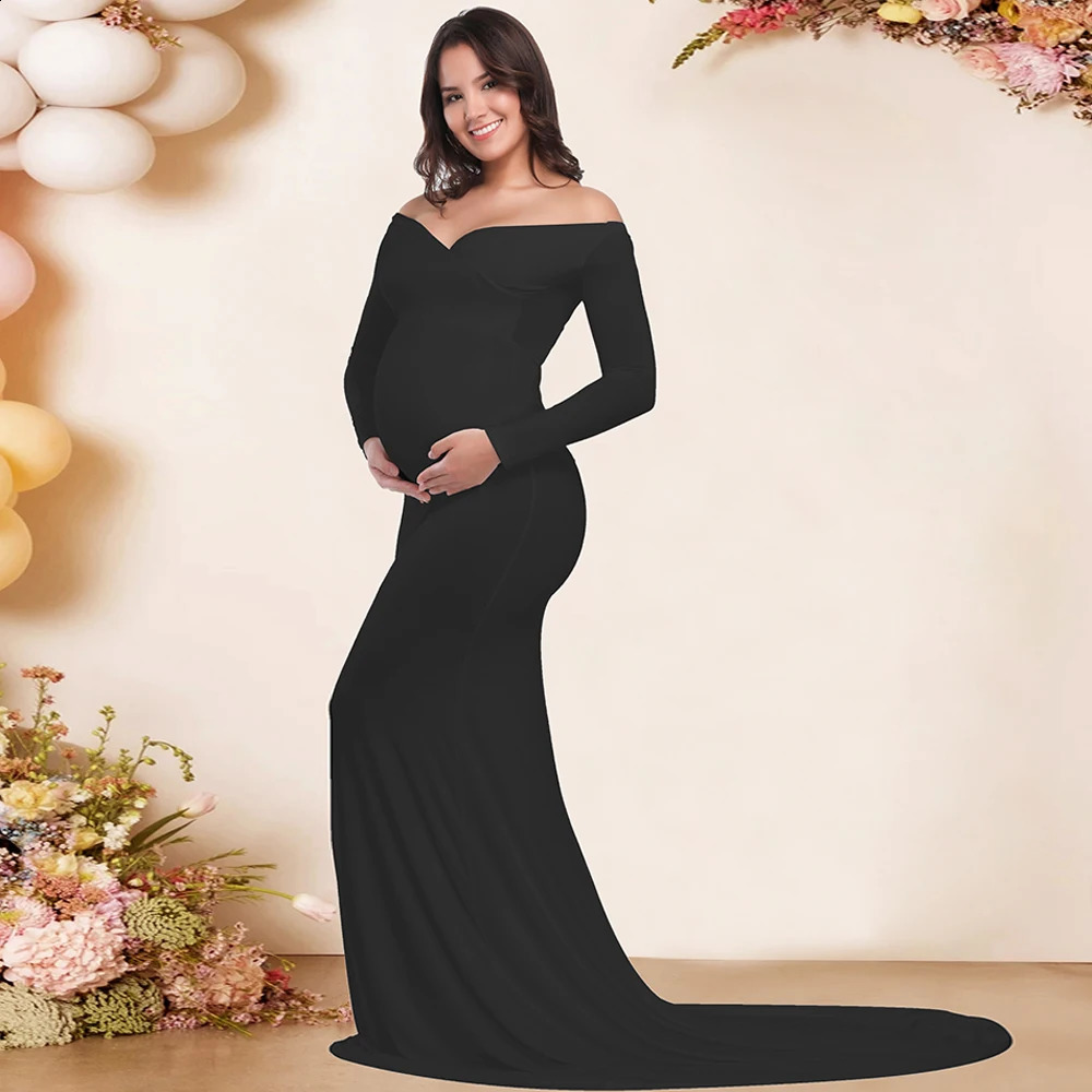 Pregnant Slim Dress Off Shoulder Maxi Floor Length Formal Gown Elegant Women Maternity Dresses For Poshoot Baby Shower 241223