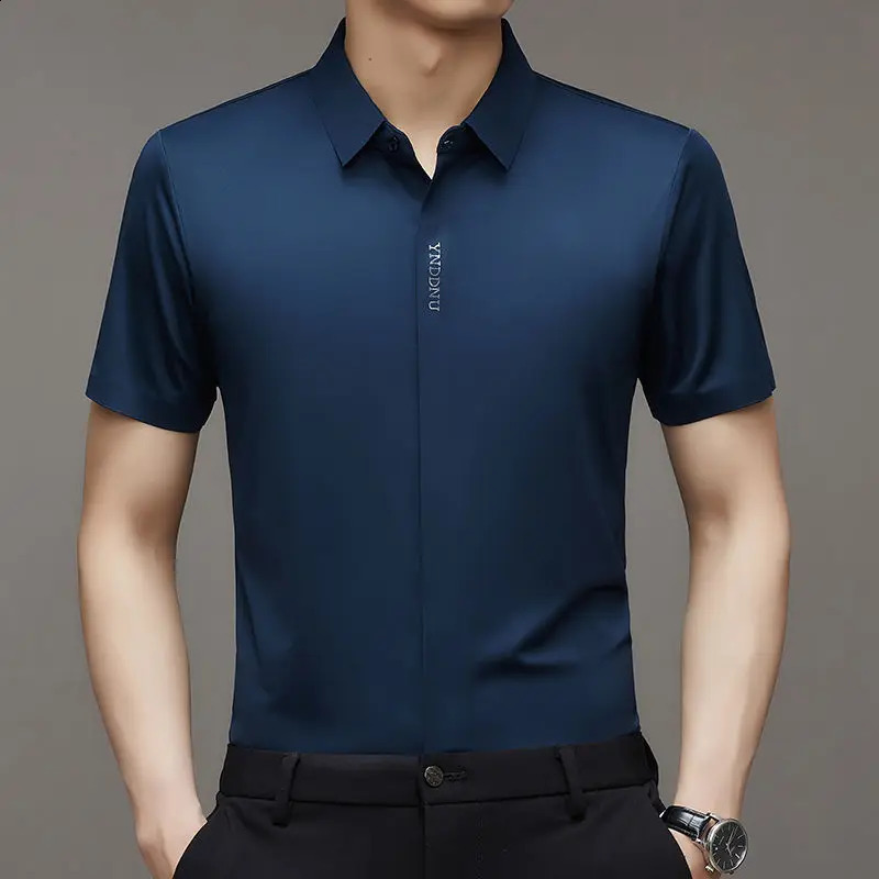 Summer Smart Casual Short Sleeved Mens Shirt Mens Solid Square Neck Button Embroidered Letter High End Wrinkle Resistant Tops 241223